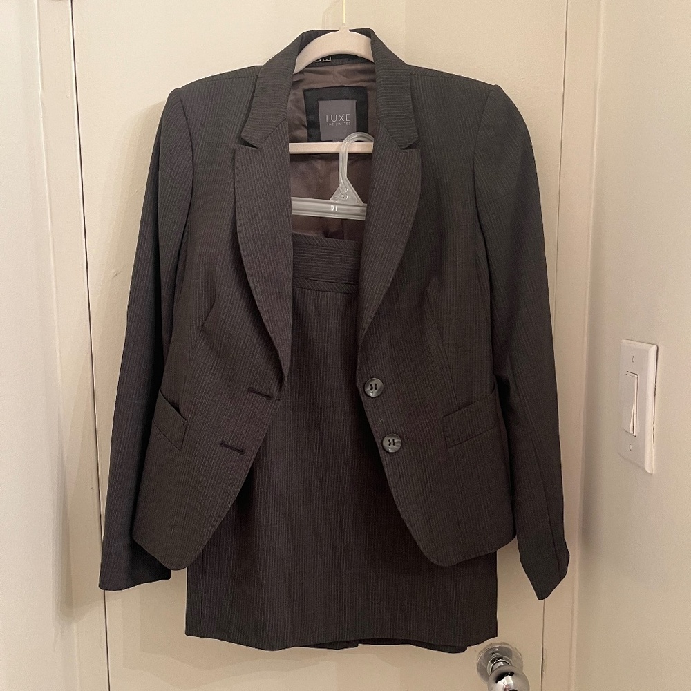 Gray pin striped skirt suit